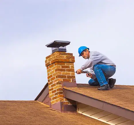 A worker wearing a blue hard hat repairs the brickwork of a chimney on a house roof.