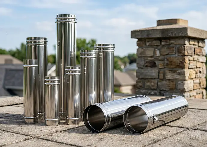 Cylindrical stainless steel pipe segments for flue safety and chimney venting upgrade on a roof