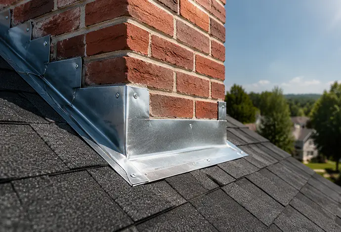 metal flashing installation around a brick chimney on asphalt shingles