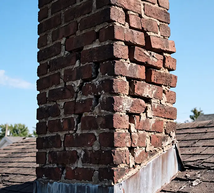 Cracked chimney mortar joints and loose bricks above a shingled roof