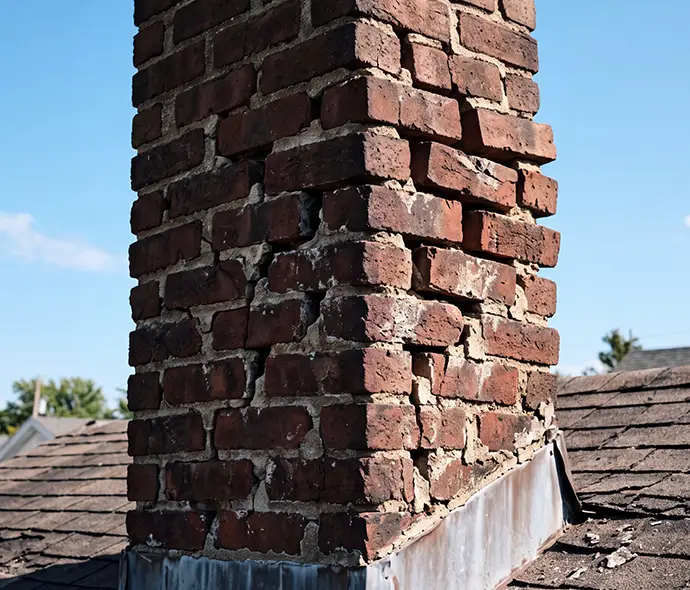 Cracked chimney mortar joints and loose bricks above a shingled roof