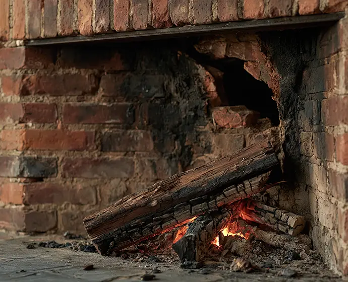 home fireplace with a cracked or damaged chimney flue visible inside, accompanied by visible creosote buildup along brick walls