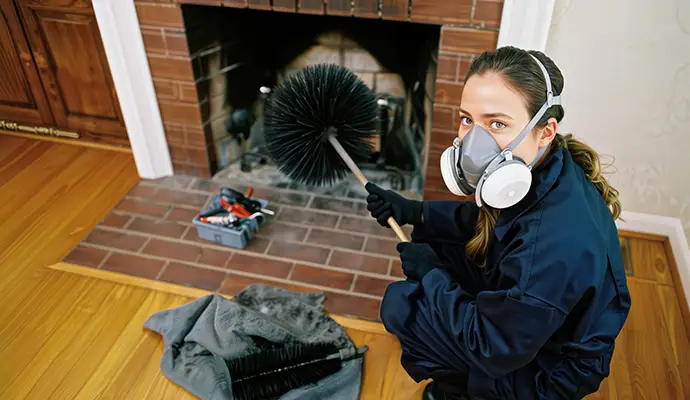professional female chimney sweep wearing a respirator mask cleans a brick fireplace with a large brush to remove soot and ensure safety