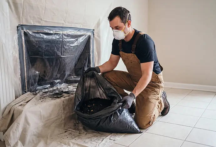 Professional removing fireplace ash into waste bag