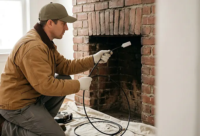 Chimney sweep inspects fireplace using inspection camera equipment for cleaning service and maintenance check before winter season