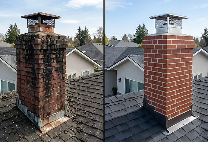 weathered and a new brick chimney on a residential roof showcasing maintenance and renovation processes