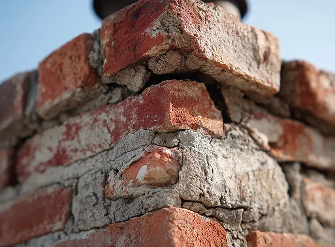 Deteriorated chimney crown with cracked mortar and damaged roof chimney brick showing decay and structural wear