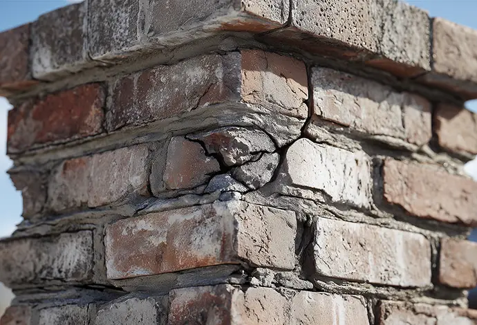 Deteriorated chimney crown with cracked mortar and damaged roof chimney brick showing structural decay and water infiltration risk