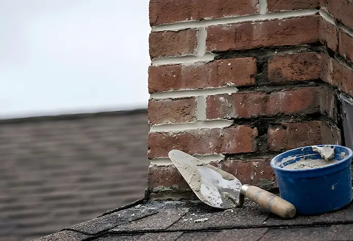 Brick chimney repointing and masonry repair on a residential house roof with trowel and mortar bucket