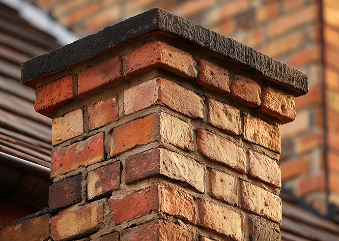 Masonry chimney on roof undergoing tuckpointing and repair, showing brick, mortar joint, flashing and roof tile