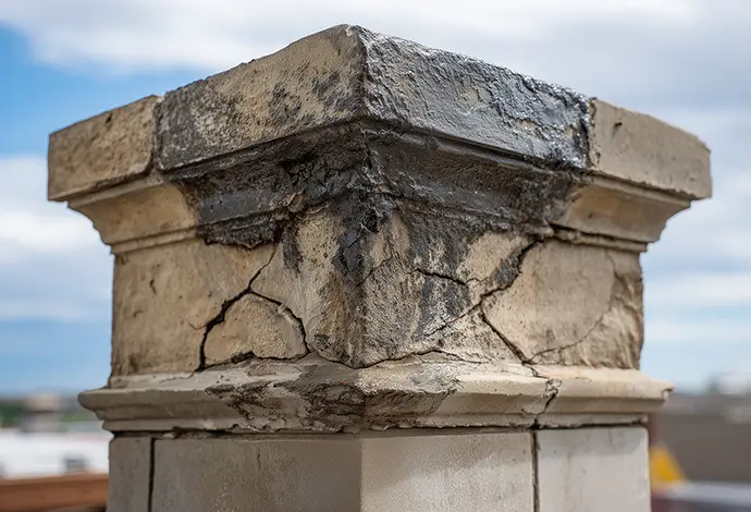 Deteriorated chimney crown with cracked mortar and damaged roof chimney brick showing structural decay and need for chimney repair and crown restoration